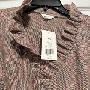 Crown and Ivy Tan plaid Ruffle neck blouse new
